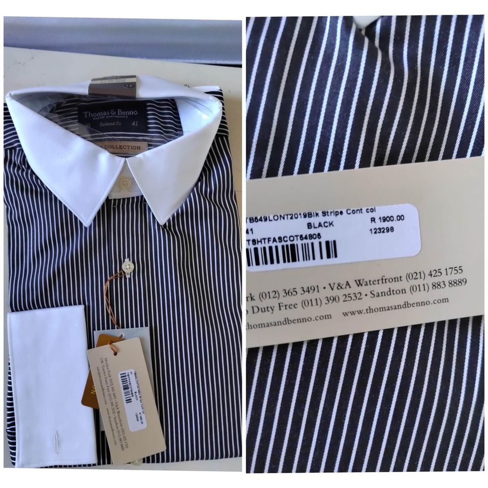 Thomas & Benno Shirt. Tailored fit Size 16 (black & White stripes)