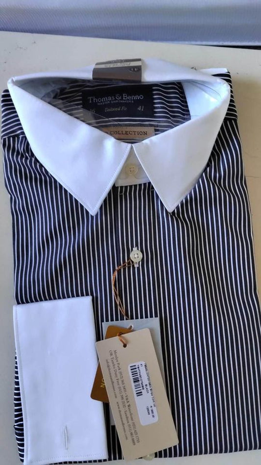 Thomas & Benno Shirt. Tailored fit Size 16 (black & White stripes)