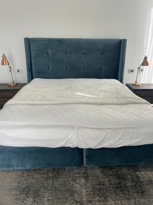 Blue Velvet headboard and base king size bed and mattress. New condition.