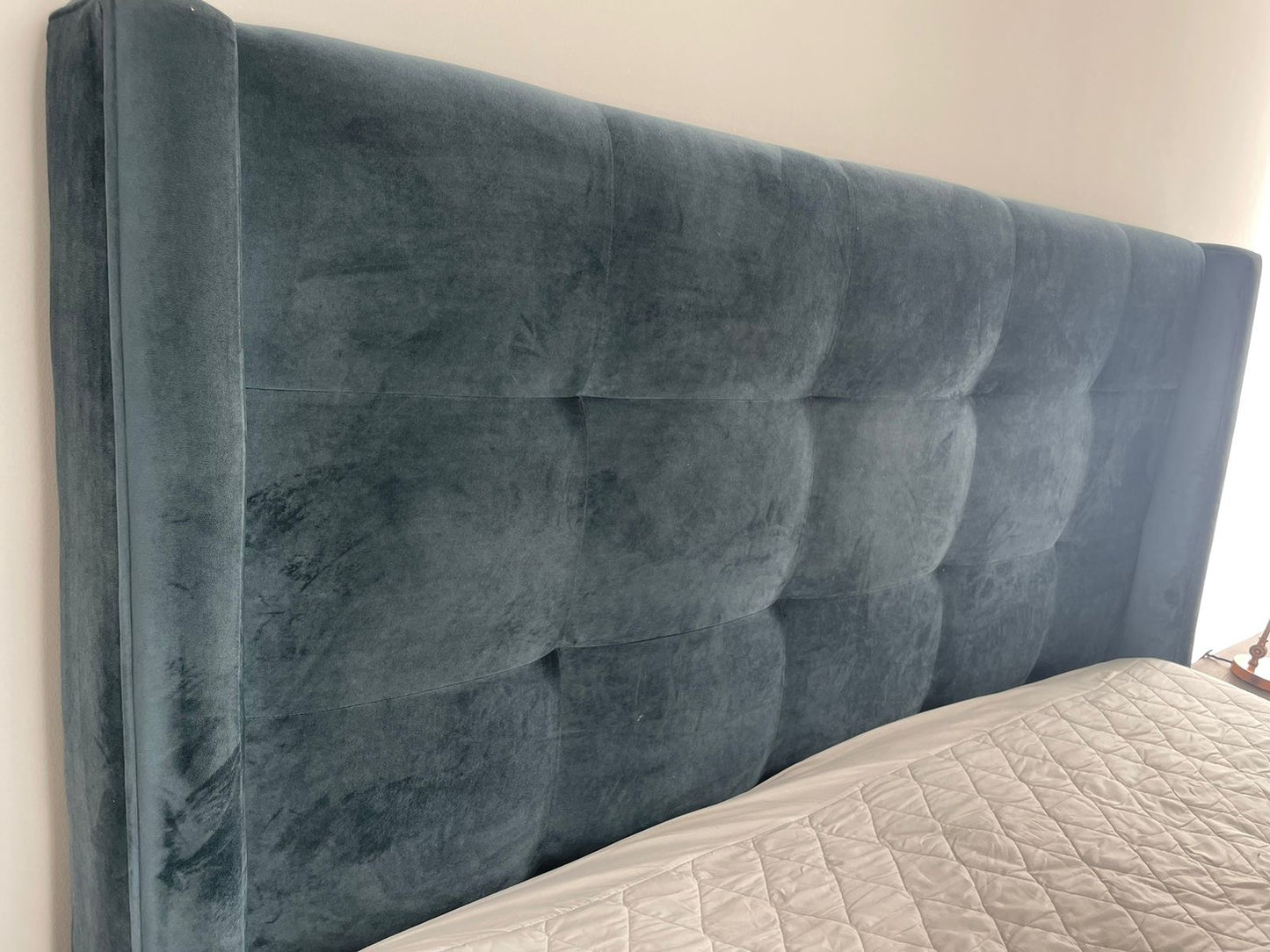 Blue Velvet headboard and base king size bed and mattress. New condition.