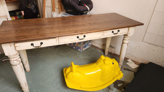 Solid wood desk with 3 drawers . Size 1.6 long. Height 76. Depth 60. Collection in Seapoint. Good condition. R1000