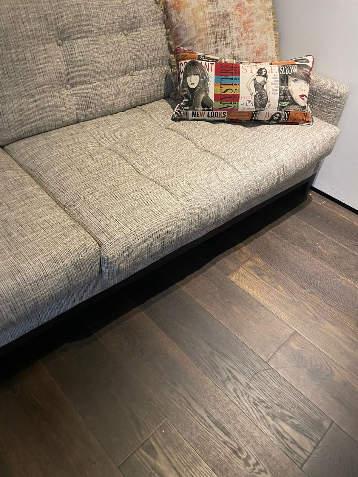 Tweed L-shape couch . Brand new . 352 x 92 length 155 .