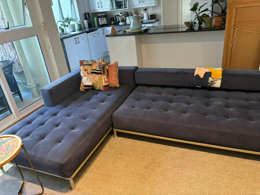 magnificent  L- Shape Couch one of a kind . Size 3200 x 1800. Collection in Seapoint . Dark blue , suede fabric (scotchguarded) . Collect in Seapoint. R15000.